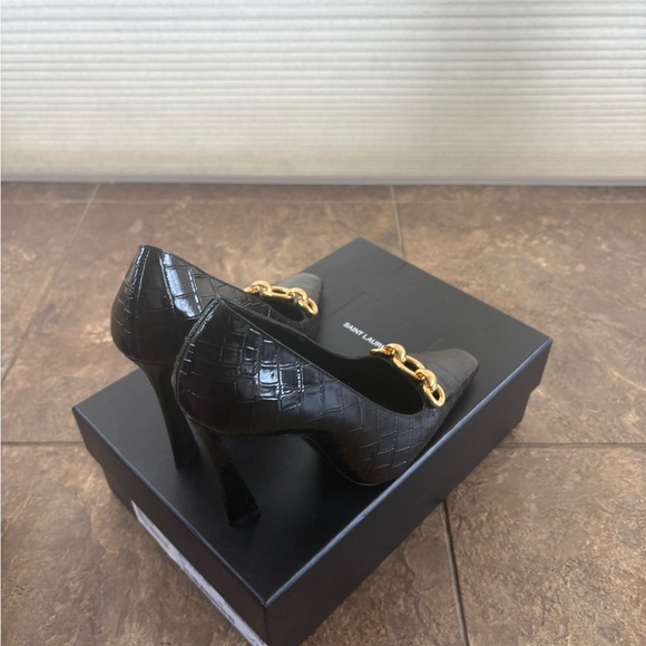 Saint Laurent Black Embossed Heels with Gold Detail - Picture 4 of 7